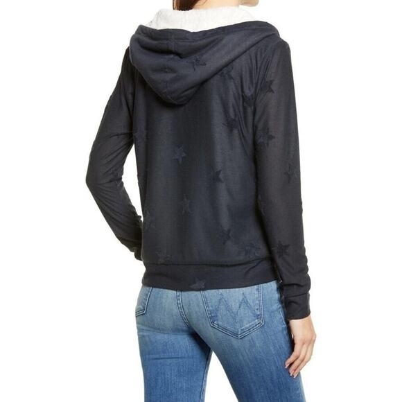 Bobeau Flocked Zip Hoodie Sweatshirt Fleece Lined Denim Stars Blue NWT Small - Picture 3 of 9